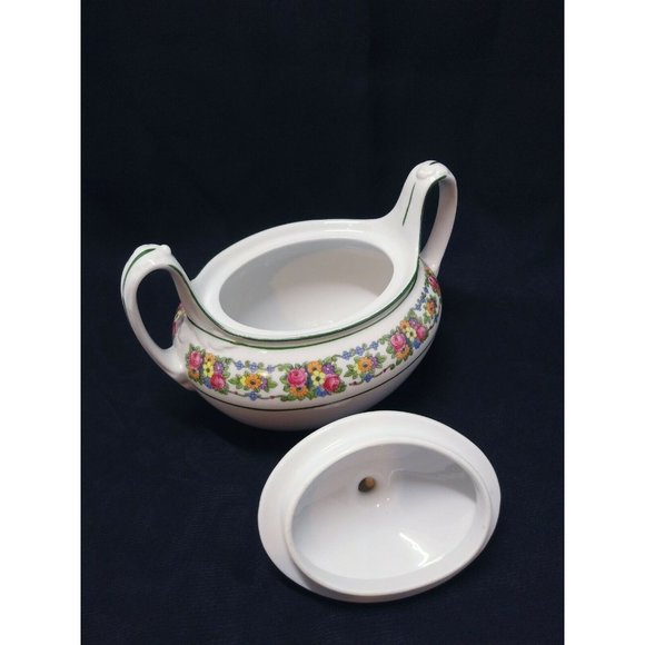 Beautiful Rose Red Green White Ceramic Sugar Bowl W/Holder Led F&W Mark Sign - Picture 8 of 12